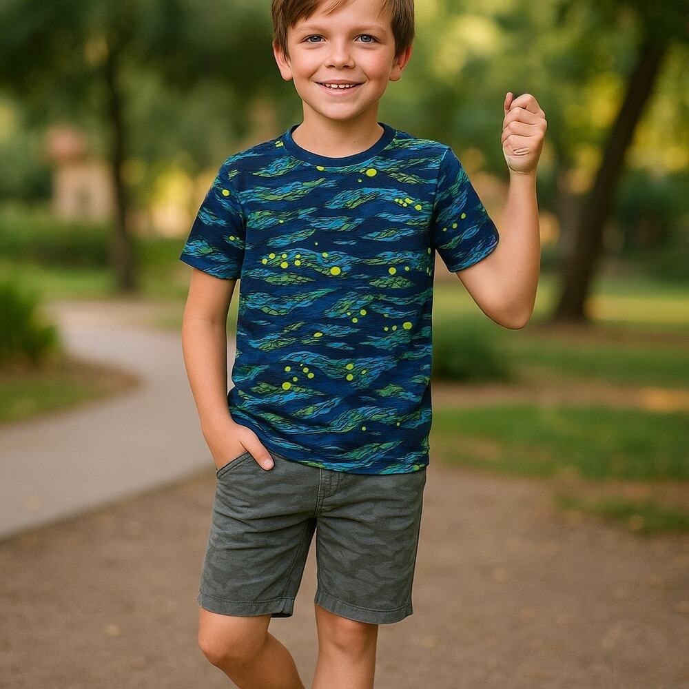 Reel Legends Boys Boat Shirt Fishing Size L 6‎ Blue Yellow Green Short Sleeves